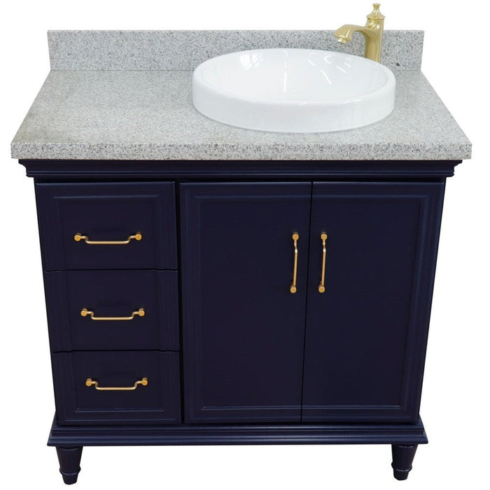 Bellaterra Home Forli 37" 2-Door 3-Drawer Blue Freestanding Vanity Set With Ceramic Right Offset Vessel Sink and Gray Granite Top, and Right Door Cabinet