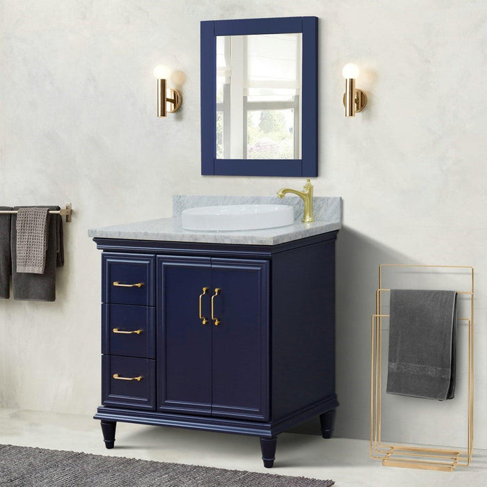 Bellaterra Home Forli 37" 2-Door 3-Drawer Blue Freestanding Vanity Set With Ceramic Right Offset Vessel Sink and White Carrara Marble Top, and Right Door Cabinet