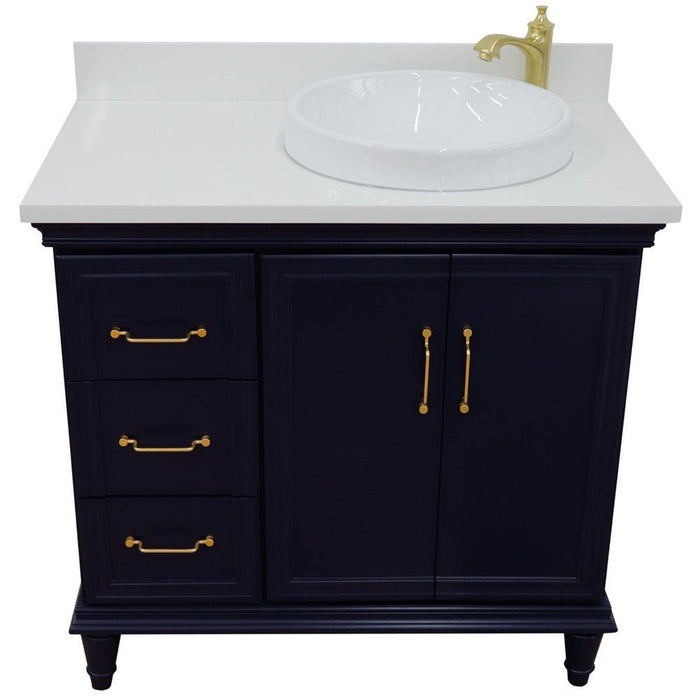 Bellaterra Home Forli 37" 2-Door 3-Drawer Blue Freestanding Vanity Set With Ceramic Right Offset Vessel Sink and White Quartz Top, and Right Door Cabinet