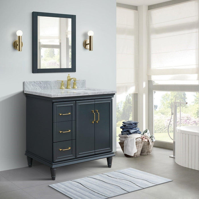 Bellaterra Home Forli 37" 2-Door 3-Drawer Dark Gray Freestanding Vanity Set With Ceramic Right Offset Undermount Rectangular Sink and White Carrara Marble Top, and Right Door Cabinet