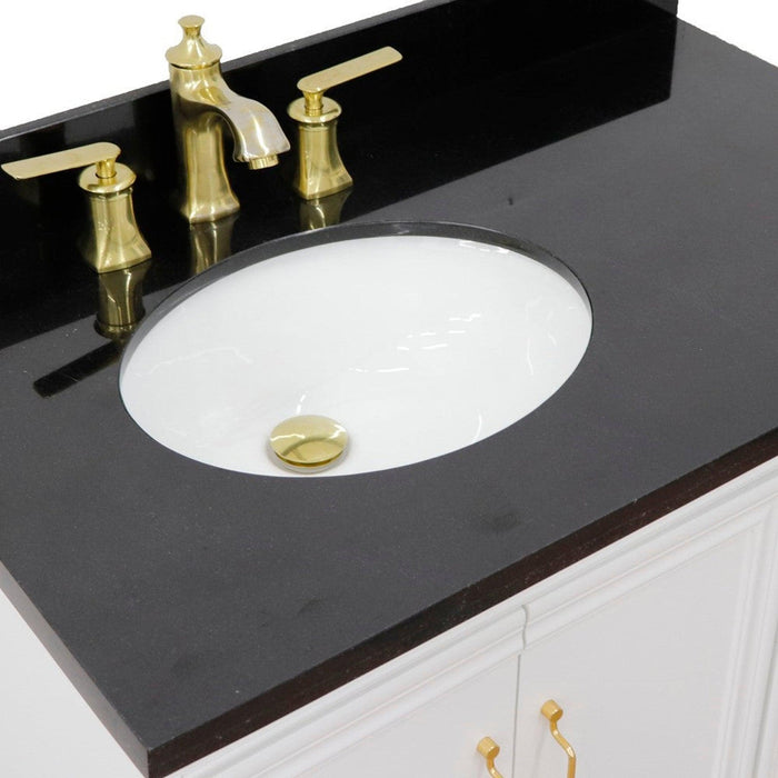 Bellaterra Home Forli 37" 2-Door 3-Drawer White Freestanding Vanity Set With Ceramic Left Offset Undermount Oval Sink and Black Galaxy Granite Top, and Left Door Cabinet