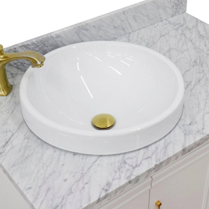 Bellaterra Home Forli 37" 2-Door 3-Drawer White Freestanding Vanity Set With Ceramic Left Offset Vessel Sink and White Carrara Marble Top, and Left Door Cabinet