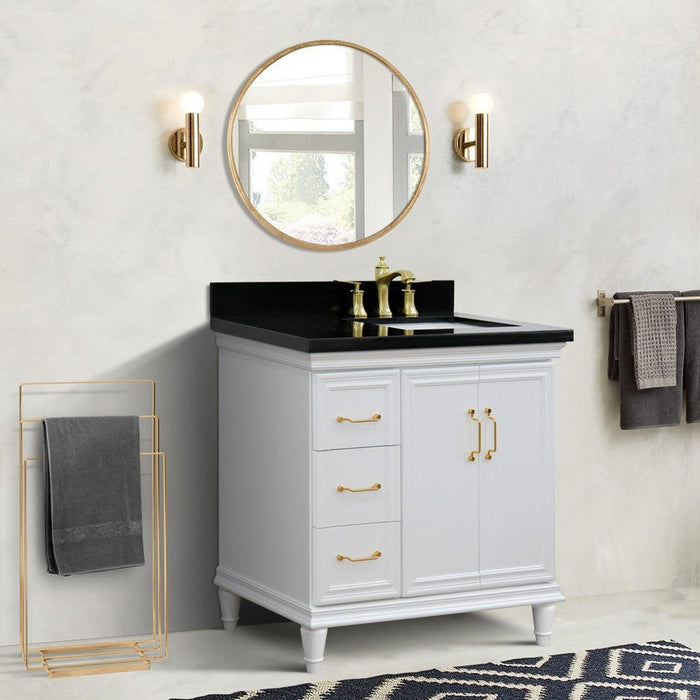 Bellaterra Home Forli 37" 2-Door 3-Drawer White Freestanding Vanity Set With Ceramic Right Offset Undermount Rectangular Sink and Black Galaxy Granite Top, and Right Door Cabinet