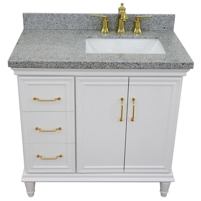 Bellaterra Home Forli 37" 2-Door 3-Drawer White Freestanding Vanity Set With Ceramic Right Offset Undermount Rectangular Sink and Gray Granite Top, and Right Door Cabinet