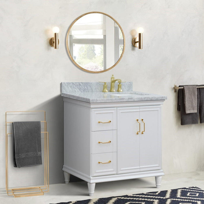 Bellaterra Home Forli 37" 2-Door 3-Drawer White Freestanding Vanity Set With Ceramic Right Offset Undermount Rectangular Sink and White Carrara Marble Top, and Right Door Cabinet