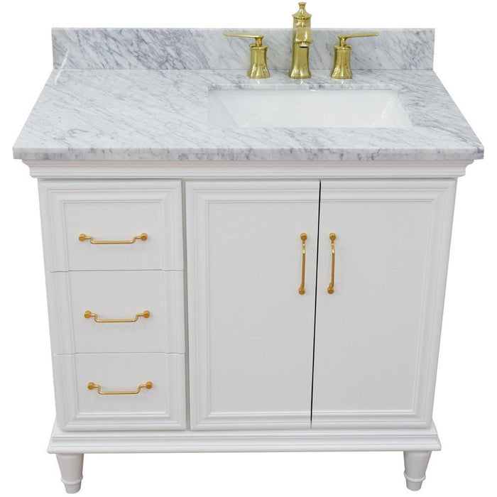 Bellaterra Home Forli 37" 2-Door 3-Drawer White Freestanding Vanity Set With Ceramic Right Offset Undermount Rectangular Sink and White Carrara Marble Top, and Right Door Cabinet