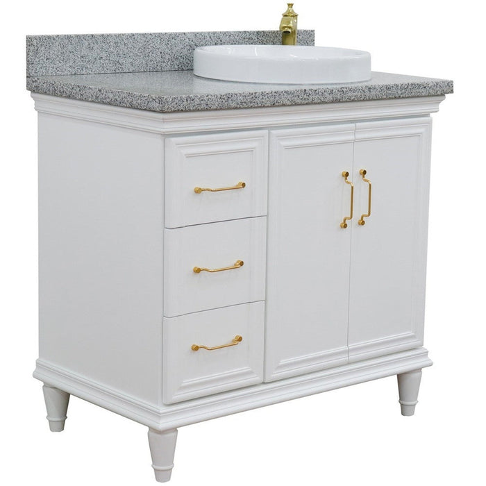 Bellaterra Home Forli 37" 2-Door 3-Drawer White Freestanding Vanity Set With Ceramic Right Offset Vessel Sink and Gray Granite Top, and Right Door Cabinet