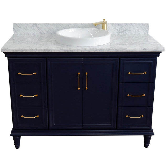 Bellaterra Home Forli 49" 2-Door 6-Drawer Blue Freestanding Vanity Set With Ceramic Vessel Sink and White Carrara Marble Top