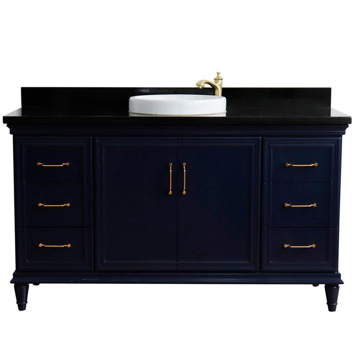 Bellaterra Home Forli 61" 2-Door 6-Drawer Blue Freestanding Vanity Set With Ceramic Vessel Sink and Black Galaxy Granite Top