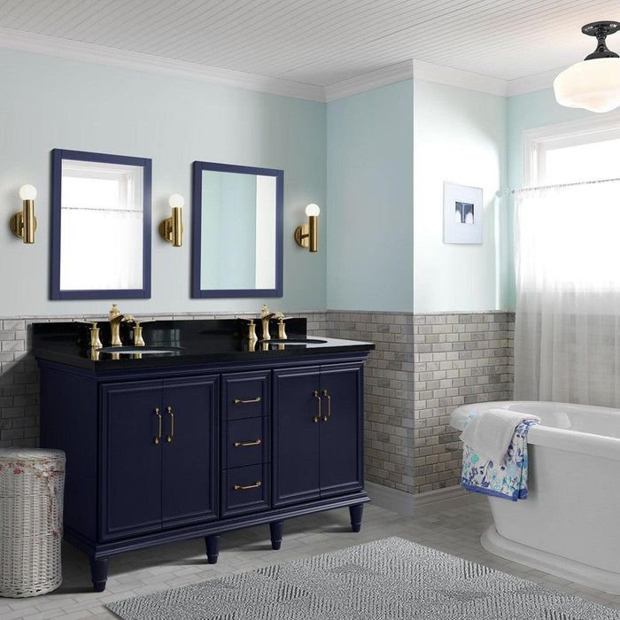 Bellaterra Home Forli 61" 4-Door 3-Drawer Blue Freestanding Vanity Set With Ceramic Double Undermount Oval Sink and Black Galaxy Granite Top