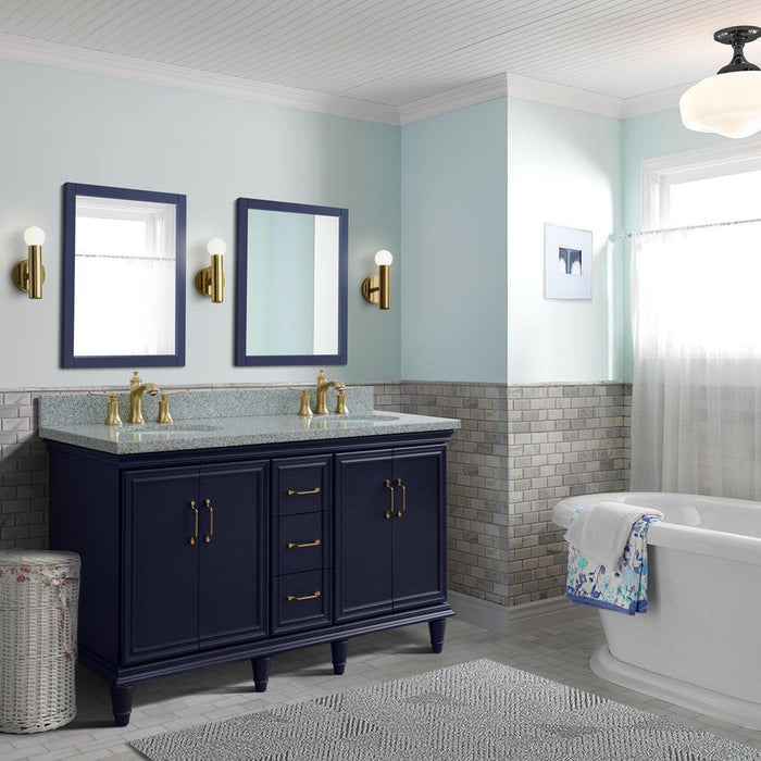 Bellaterra Home Forli 61" 4-Door 3-Drawer Blue Freestanding Vanity Set With Ceramic Double Undermount Oval Sink and Gray Granite Top