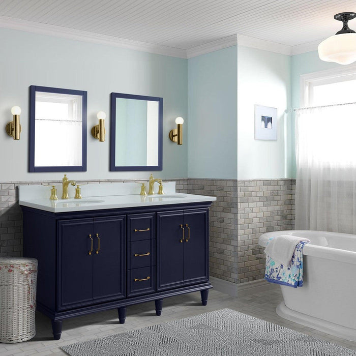 Bellaterra Home Forli 61" 4-Door 3-Drawer Blue Freestanding Vanity Set With Ceramic Double Undermount Oval Sink and White Quartz Top