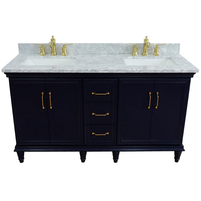 Bellaterra Home Forli 61" 4-Door 3-Drawer Blue Freestanding Vanity Set With Ceramic Double Undermount Rectangular Sink and White Carrara Marble Top