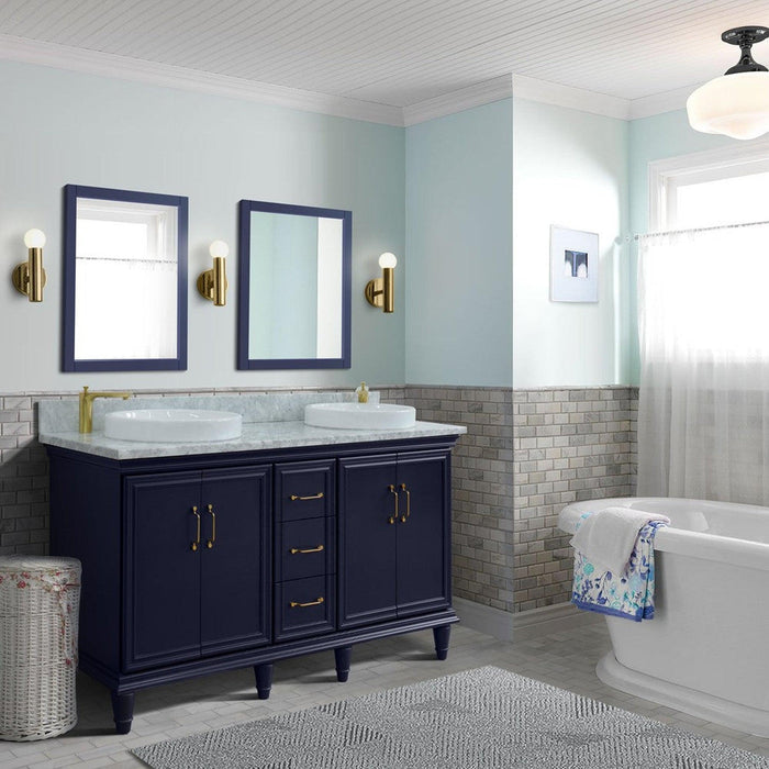 Bellaterra Home Forli 61" 4-Door 3-Drawer Blue Freestanding Vanity Set With Ceramic Double Vessel Sink and White Carrara Marble Top
