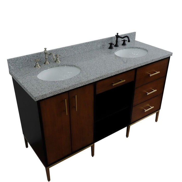Bellaterra Home Imola 61" 2-Door 4-Drawer 2-Shelf Walnut and Black Freestanding Vanity Set With Ceramic Double Undermount Oval Sink and Gray Granite Top