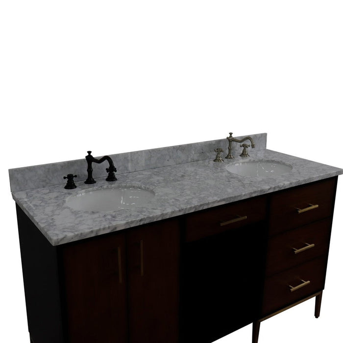 Bellaterra Home Imola 61" 2-Door 4-Drawer 2-Shelf Walnut and Black Freestanding Vanity Set With Ceramic Double Undermount Oval Sink and White Carrara Marble Top