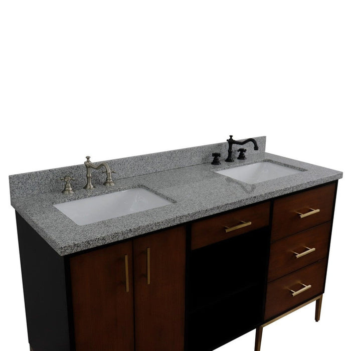 Bellaterra Home Imola 61" 2-Door 4-Drawer 2-Shelf Walnut and Black Freestanding Vanity Set With Ceramic Double Undermount Rectangular Sink and Gray Granite Top