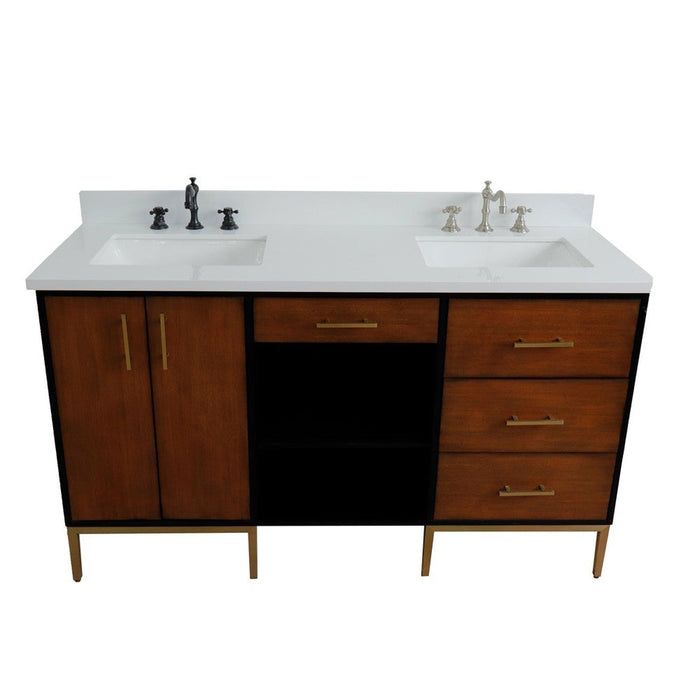 Bellaterra Home Imola 61" 2-Door 4-Drawer 2-Shelf Walnut and Black Freestanding Vanity Set With Ceramic Double Undermount Rectangular Sink and White Quartz Top
