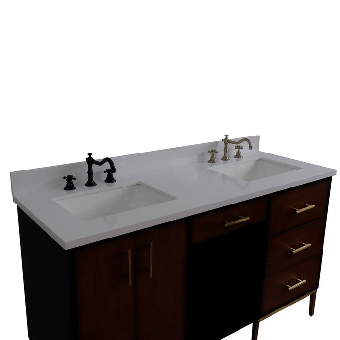 Bellaterra Home Imola 61" 2-Door 4-Drawer 2-Shelf Walnut and Black Freestanding Vanity Set With Ceramic Double Undermount Rectangular Sink and White Quartz Top