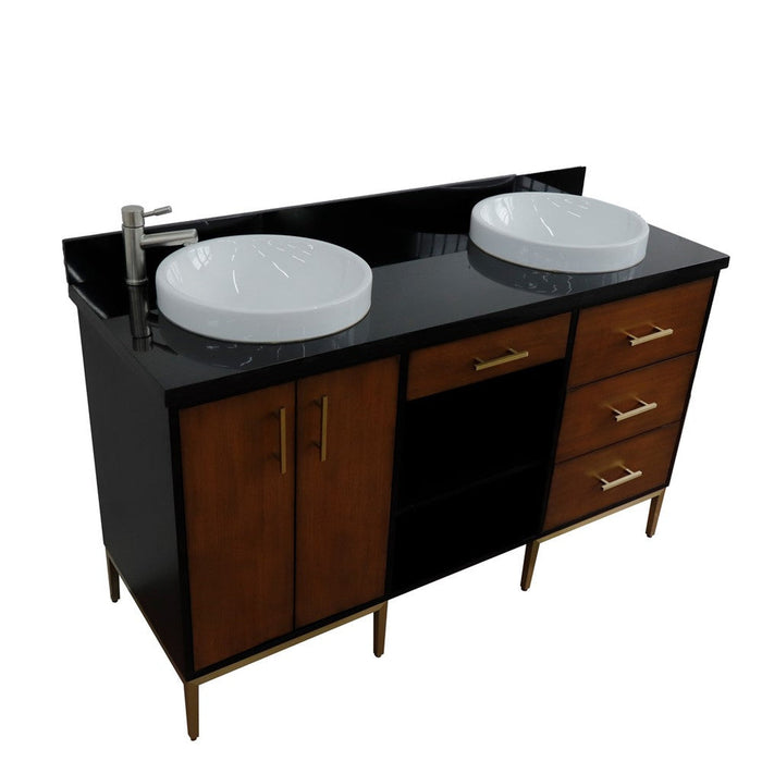 Bellaterra Home Imola 61" 2-Door 4-Drawer 2-Shelf Walnut and Black Freestanding Vanity Set With Ceramic Double Vessel Sink and Black Galaxy Granite Top