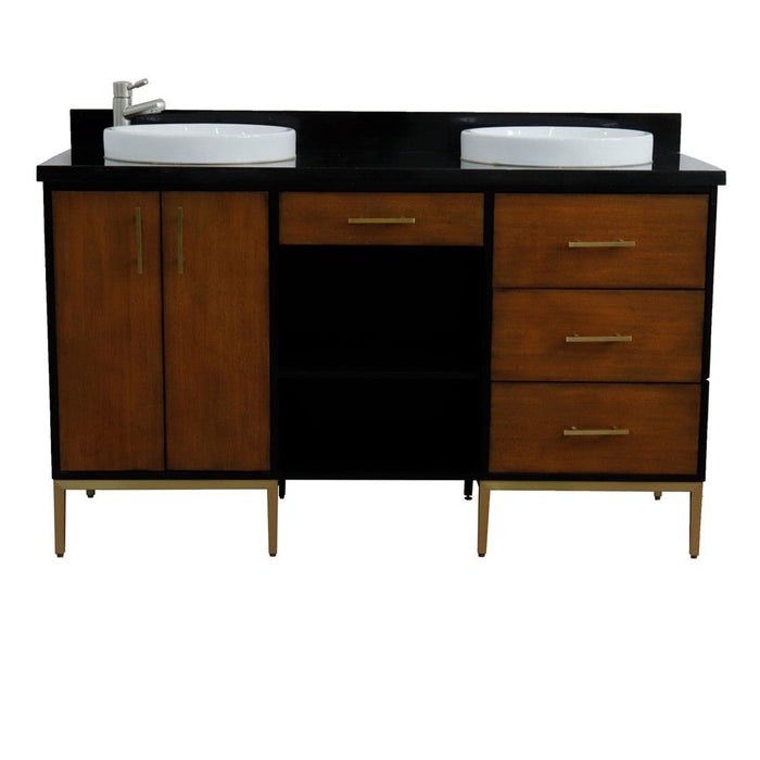 Bellaterra Home Imola 61" 2-Door 4-Drawer 2-Shelf Walnut and Black Freestanding Vanity Set With Ceramic Double Vessel Sink and Black Galaxy Granite Top