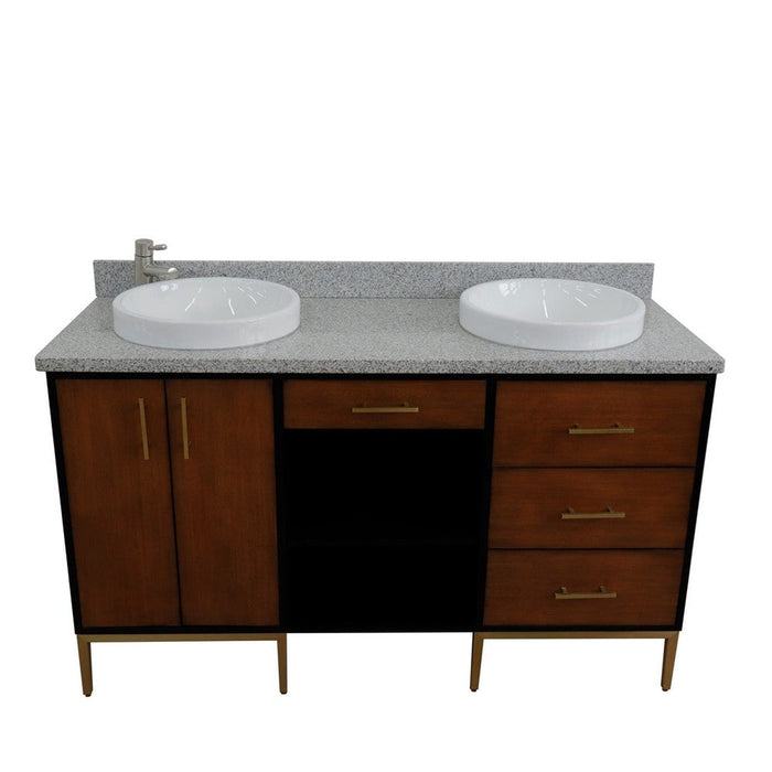 Bellaterra Home Imola 61" 2-Door 4-Drawer 2-Shelf Walnut and Black Freestanding Vanity Set With Ceramic Double Vessel Sink and Gray Granite Top
