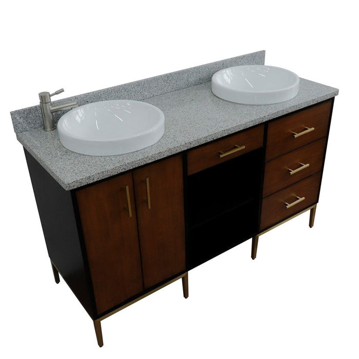 Bellaterra Home Imola 61" 2-Door 4-Drawer 2-Shelf Walnut and Black Freestanding Vanity Set With Ceramic Double Vessel Sink and Gray Granite Top
