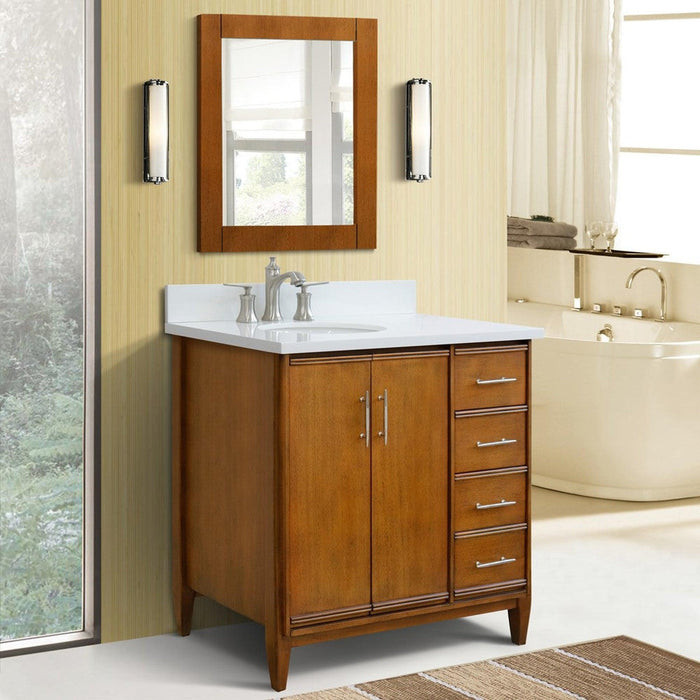 Bellaterra Home MCM 37" 2-Door 3-Drawer Walnut Freestanding Vanity Set With Ceramic Left Undermount Oval Sink and White Quartz Top, and Left Door Cabinet