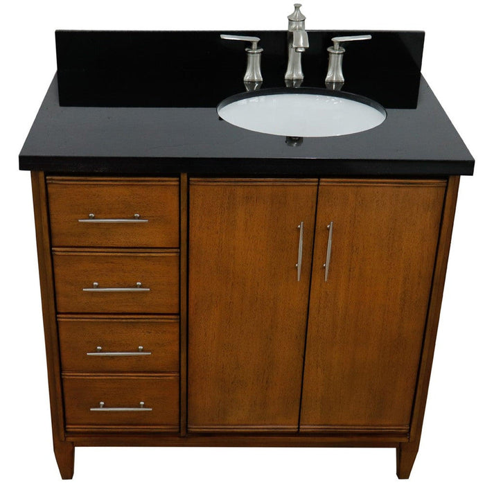 Bellaterra Home MCM 37" 2-Door 3-Drawer Walnut Freestanding Vanity Set With Ceramic Right Undermount Oval Sink and Black Galaxy Granite Top, and Right Door Cabinet