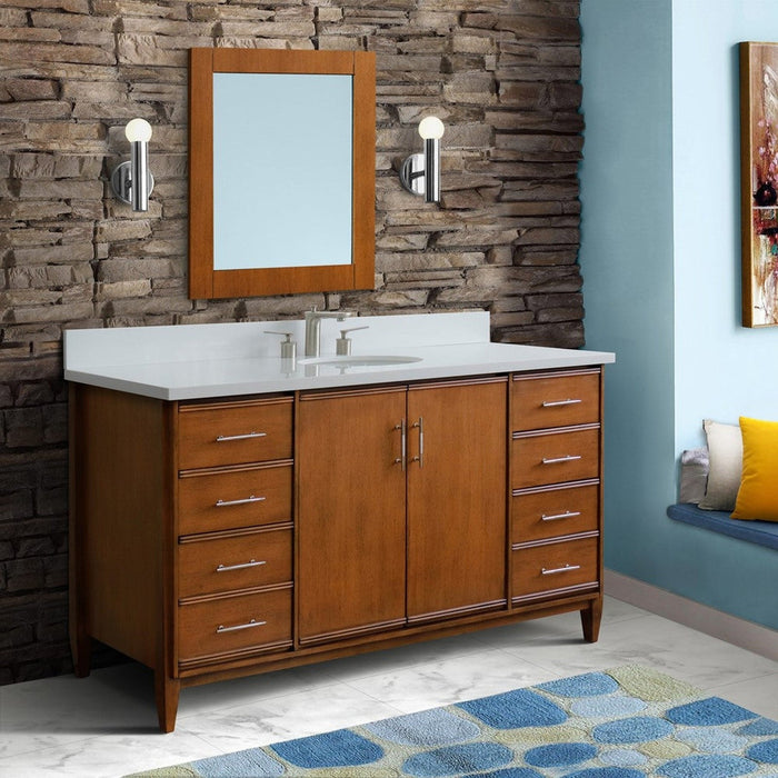 Bellaterra Home MCM 61" 2-Door 6-Drawer Walnut Freestanding Vanity Set With Ceramic Undermount Oval Sink and White Quartz Top