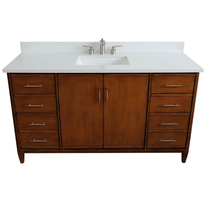 Bellaterra Home MCM 61" 2-Door 6-Drawer Walnut Freestanding Vanity Set With Ceramic Undermount Rectangular Sink and White Quartz Top