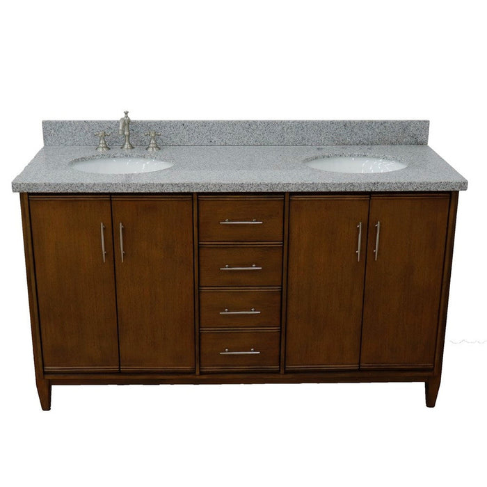 Bellaterra Home MCM 61" 4-Door 3-Drawer Walnut Freestanding Vanity Set With Ceramic Double Undermount Oval Sink and Gray Granite Top