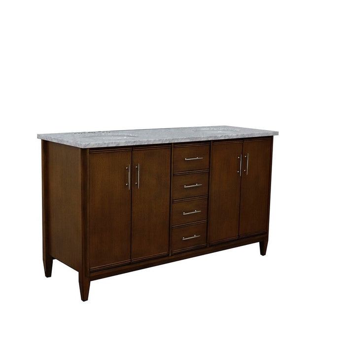 Bellaterra Home MCM 61" 4-Door 3-Drawer Walnut Freestanding Vanity Set With Ceramic Double Undermount Oval Sink and White Carrara Marble Top