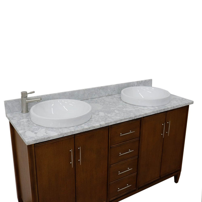 Bellaterra Home MCM 61" 4-Door 3-Drawer Walnut Freestanding Vanity Set With Ceramic Double Vessel Sink and White Carrara Marble Top