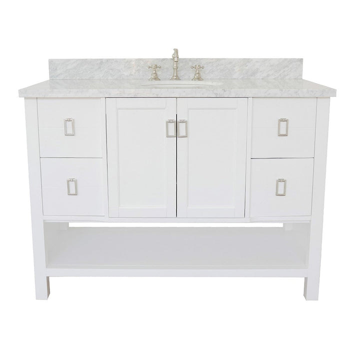 Bellaterra Home Monterey 49" 2-Door 4-Drawer White Freestanding Vanity Set With Ceramic Undermount Oval Sink and White Carrara Marble Top