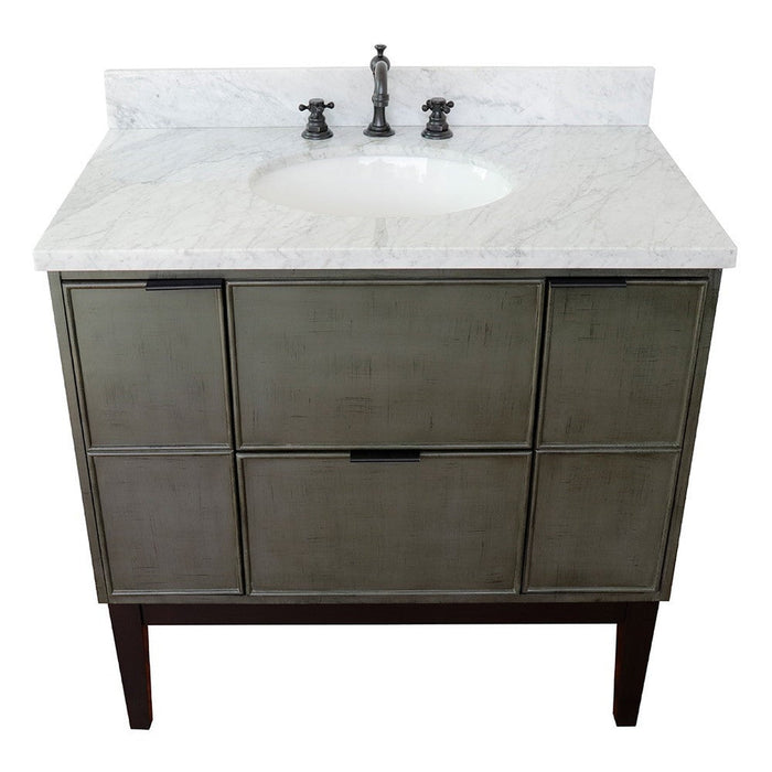 Bellaterra Home Paris 37" 2-Door 1-Drawer Linen Gray Freestanding Vanity Set With Ceramic Undermount Oval Sink and White Carrara Marble Top