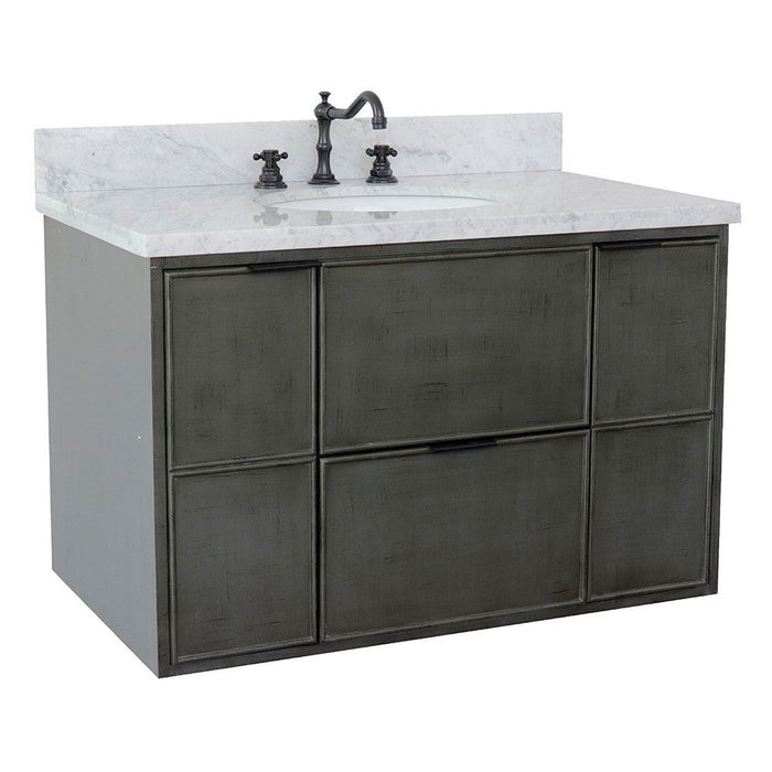 Bellaterra Home Paris 37" 2-Door 1-Drawer Linen Gray Wall-Mount Vanity Set With Ceramic Undermount Oval Sink and White Carrara Marble Top