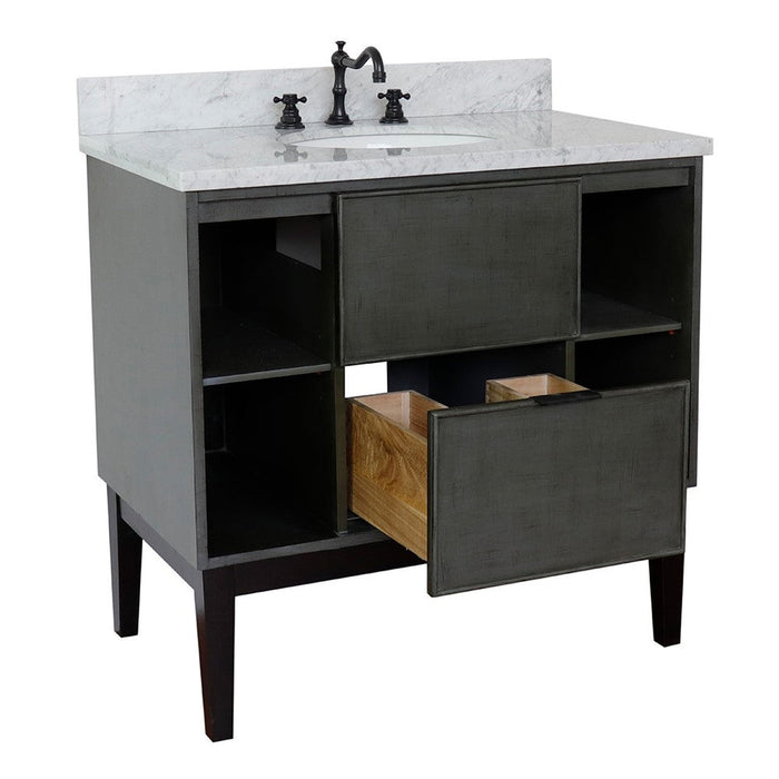 Bellaterra Home Paris Exposed 37" 1-Drawer Linen Gray Freestanding Vanity Set With Ceramic Undermount Oval Sink and White Carrara Marble Top