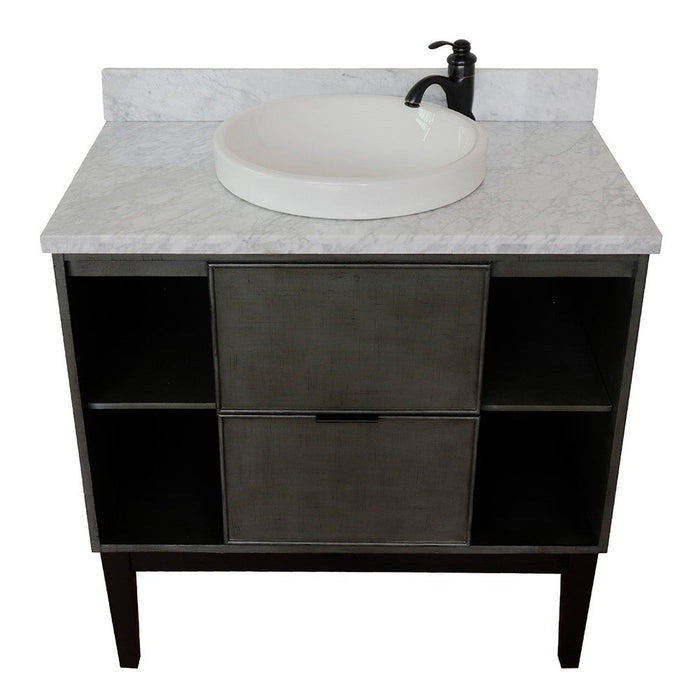 Bellaterra Home Paris Exposed 37" 1-Drawer Linen Gray Freestanding Vanity Set With Ceramic Vessel Sink and White Carrara Marble Top