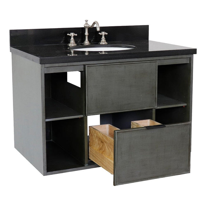 Bellaterra Home Paris Exposed 37" 1-Drawer Linen Gray Wall-Mount Vanity Set With Ceramic Undermount Oval Sink and Black Galaxy Top