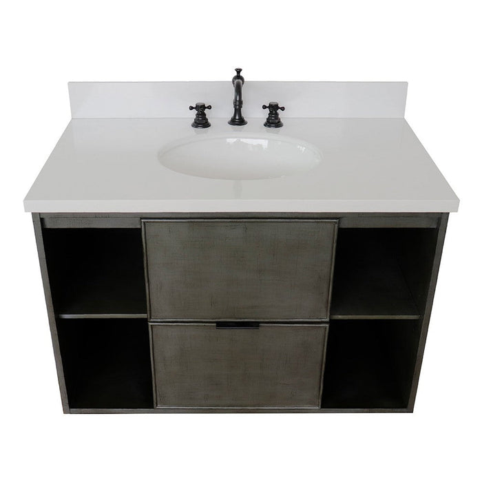 Bellaterra Home Paris Exposed 37" 1-Drawer Linen Gray Wall-Mount Vanity Set With Ceramic Undermount Oval Sink and White Quartz Top