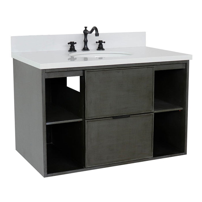 Bellaterra Home Paris Exposed 37" 1-Drawer Linen Gray Wall-Mount Vanity Set With Ceramic Undermount Oval Sink and White Quartz Top