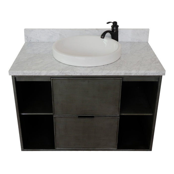Bellaterra Home Paris Exposed 37" 1-Drawer Linen Gray Wall-Mount Vanity Set With Ceramic Vessel Sink and White Carrara Marble Top
