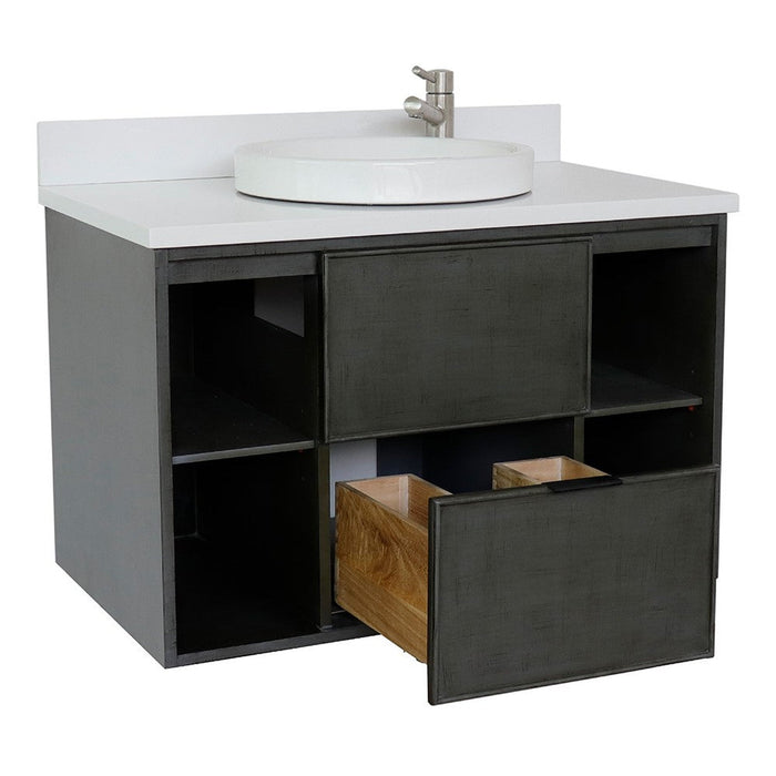 Bellaterra Home Paris Exposed 37" 1-Drawer Linen Gray Wall-Mount Vanity Set With Ceramic Vessel Sink and White Quartz Top