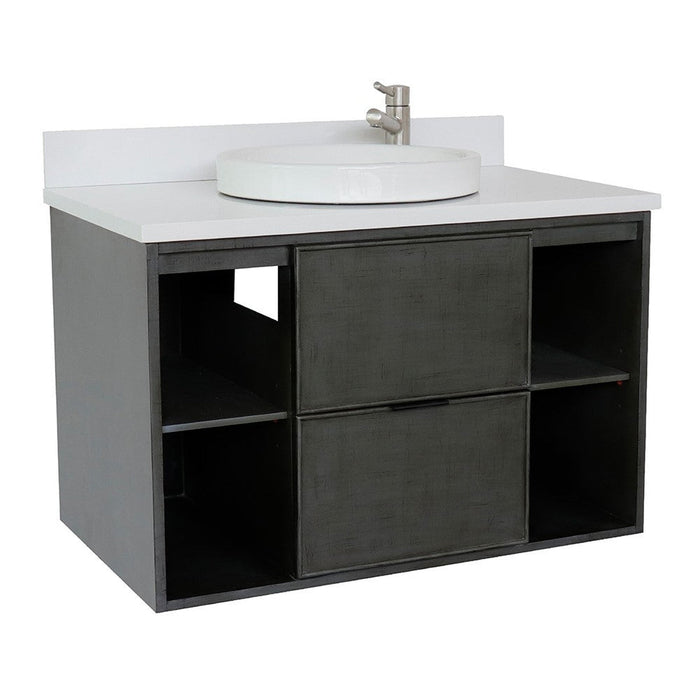 Bellaterra Home Paris Exposed 37" 1-Drawer Linen Gray Wall-Mount Vanity Set With Ceramic Vessel Sink and White Quartz Top