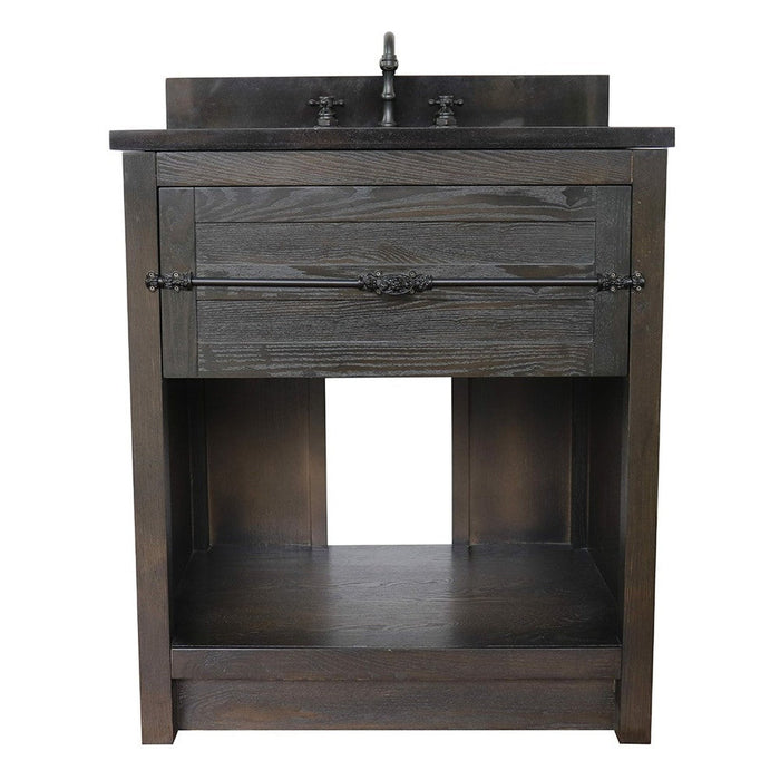 Bellaterra Home Plantation 31" 1-Drawer Brown Ash Freestanding Vanity Set With Ceramic Undermount Oval Sink and Black Galaxy Top