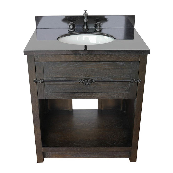 Bellaterra Home Plantation 31" 1-Drawer Brown Ash Freestanding Vanity Set With Ceramic Undermount Oval Sink and Black Galaxy Top