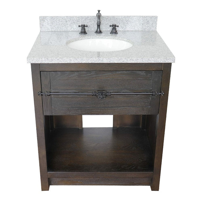 Bellaterra Home Plantation 31" 1-Drawer Brown Ash Freestanding Vanity Set With Ceramic Undermount Oval Sink and Gray Granite Top