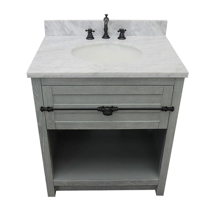 Bellaterra Home Plantation 31" 1-Drawer Gray Ash Freestanding Vanity Set With Ceramic Undermount Oval Sink and White Carrara Marble Top