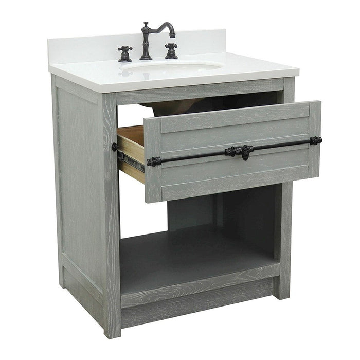 Bellaterra Home Plantation 31" 1-Drawer Gray Ash Freestanding Vanity Set With Ceramic Undermount Oval Sink and White Quartz Top